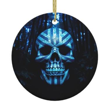 Imagem de Pingentes de porcelana, pingentes de porcelana, decoração criativa de Natal com estampa de caveira, 2 estrelas e listras azuis