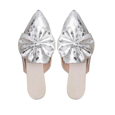 Imagem de Verdusa Mules for Women Bow Dressy bico fino sem costas nuas, mocassins, sandálias deslizantes, casuais, sapatos de trabalho, Prata, 39