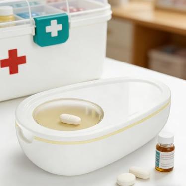 Imagem de Caixa organizadora de medicamentos portátil branca com divisor de pílulas – Cortador de tablet e compartimento para comprimidos