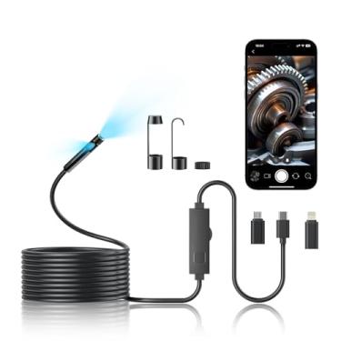 Imagem de Câmera de boroscópio com luz, cobra semirrígida de 16,4 m, câmera de boroscópio HD 1920p com 8 LEDs ajustáveis, inspeção IP67 à prova d'água de 8 mm para iOS e Android (lente dupla)