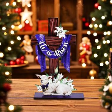 Imagem de Placa decorativa de flor de lírio de cordeiro com cruz religiosa com base à prova de deslizamento, mesa de presépio de fazenda, decoração de mesa de centro de mesa, enfeite para presentes para Páscoa