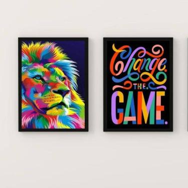 Imagem de Kit 2 Quadros Leão Colorido Change the Game 24x18cm