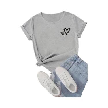 Imagem de Camiseta Feminina Branca Com Estampa De Coração, Gola Redonda, Manga C