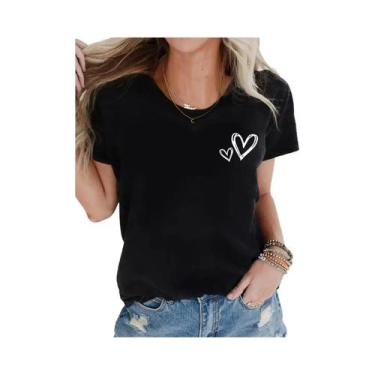 Imagem de Camiseta Feminina Branca Com Estampa De Coração, Gola Redonda, Manga C
