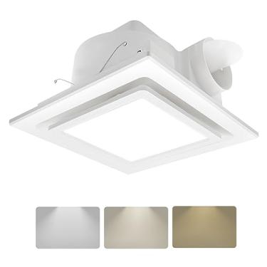 Imagem de POWERENG Exaustor de banheiro com luz, painel de 11,8 polegadas, LED quadrado de 12 W, 141 CFM, 0,7 sones, 110 V 45 W silencioso ventilador de banheiro exaustor para chuveiro/banheiro/escritório/casa