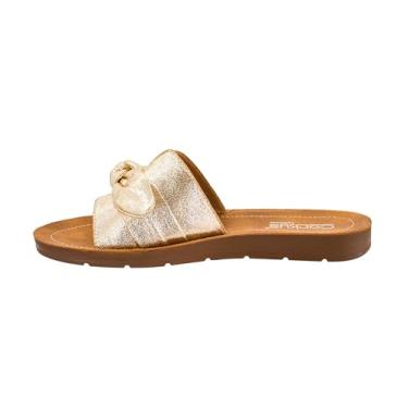 Imagem de Corkys Footwear Sandálias femininas muito fofas - Palmilhas confortáveis e acolchoadas, alça larga com laço, design de bico aberto, design fácil e conveniente de calçar, Dourado enrugado metálico, 36