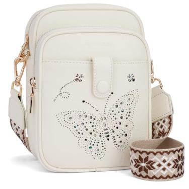 Imagem de Bolsa transversal feminina de couro, bolsa tiracolo pequena, carteira para celular com alça ajustável e compartimentos para cartão, 06 - Branco, 5" x 1.2" x 7.8", Borboleta