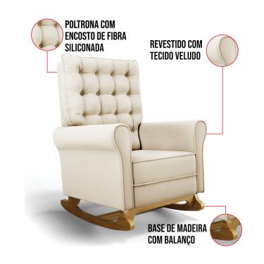 Imagem de Poltrona de Amamentação com Balanço e Puff Manu Veludo Bege Base de Madeira F06 - D'Rossi