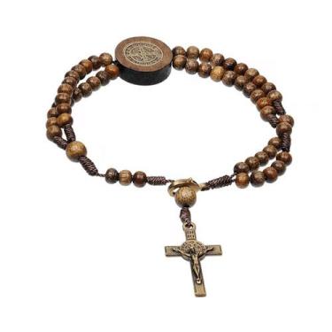Imagem de Pulseira Terço São Bento Madeira Imbuia Com Crucifixo - Loja Mãe Apare