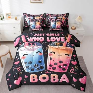 Imagem de Erosebridal Conjunto de cama solteiro de 7 peças Boba Tea, Bubble Tea, presentes fofos, para crianças, adolescentes, temática de comida, conjunto de edredom kawaii, anime, cama em uma bolsa com