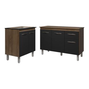 Imagem de Balcão Para Cooktop 5 Bocas Fran e Armário Aline 118 cm Cozinha Gabinete Savana Preto com Tampo Tampão Savana