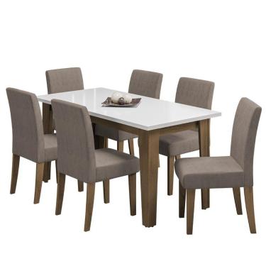 Imagem de Conjunto De Mesa Sala De Jantar Miami Com 6 Cadeiras Trieste Suede 1,60m Cedro / Off White / Mascavo