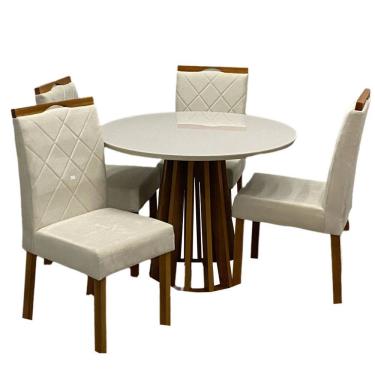 Imagem de Mesa de Jantar Berlim 100cm Redonda com Vidro e 4 Cadeiras California em Veludo Estofadas Cel Móveis Cor Cinamomo Off White com Tecido Bege