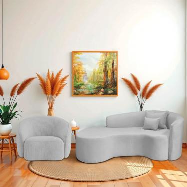 Imagem de Kit Recamier Curvo Sala De Estar Inglaterra 200cm Lado Esquerdo Poltrona Orgânica Luxo Amore Linho Cinza Claro