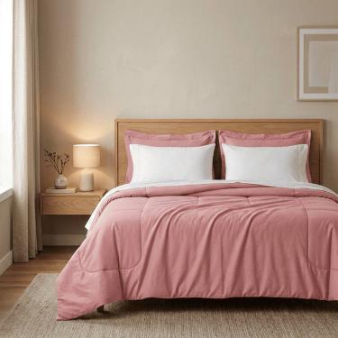 Imagem de Kit edredom colcha casal queen 05 peças dupla face super macio mais travesseiros 200 fios percal hip