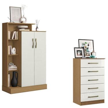 Imagem de Cômoda 5 Gavetas e Armário Multiuso Florença 2000199 MDP Puxadores Plástico Off White A...