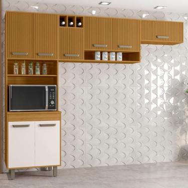Imagem de Armário de Cozinha Compacta Emily 7 Portas em MDP 258cm Off White Freijó Ripado Mpozenato