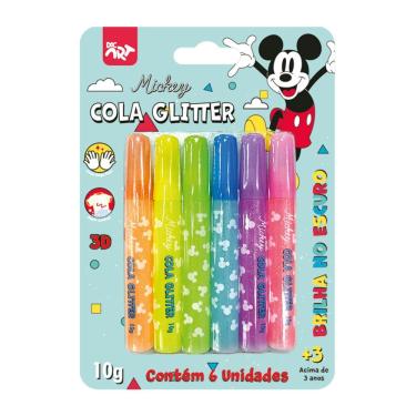 Imagem de Cola Glitter Brilha no Escuro 6 Cores Mickey Tema Disney para Artesanato e Papelaria com 6 Unidades DAC