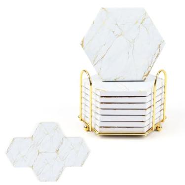 Imagem de Porta-copos de mármore para bebidas com base de cortiça, 8 peças de porta-copos para mesa de madeira com suporte de metal, conjunto de porta-copos de cerâmica dourada para decoração de casa rústica para bar de sala de estar – Presentes de boas-vindas