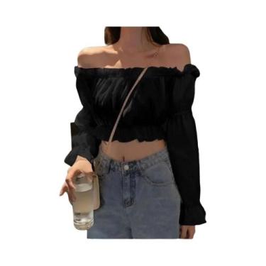 Imagem de Blusa Cropped Branca Com Ombros Descobertos E Mangas Bufantes Para Mul