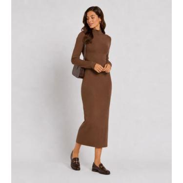 Imagem de Vestido Midi Manga Comprida Gola Alta Infinita Cor Marrom, GG, Marrom
