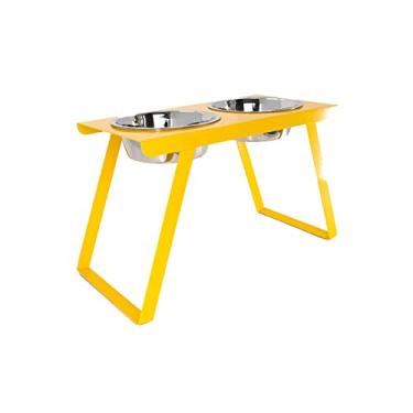 Imagem de Tigelas levantadas para cães, tigelas elevadas para cães com 2 tigelas para alimentos e água de aço inoxidável, suporte para tigela para cães com uma prateleira dobrável para cães grandes, amarelo