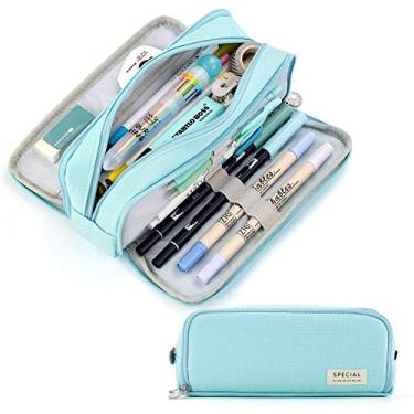 Imagem de Estojo para lápis de grande capacidade CICICIMELON com 3 compartimentos, bolsa para lápis de presente para estudantes, meninas, adultos e mulheres (azul claro)