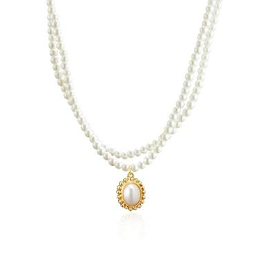 Imagem de IDOKAWA Colar Feminina, Colar de Pérolas de Dupla Camada para Mulheres, Colar de Pingente oval, Extensão Ajustável Joias de Moda para Presente