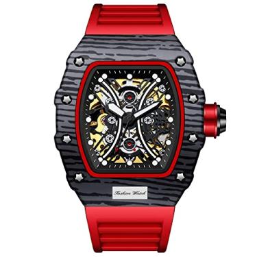 Imagem de ShShi Michard Collection Relógio masculino com dois lados e abertura mecânica automática, mostrador com tema de meia lua, resistência à água luminescente, Mostrador vermelho - pulseira de relógio vermelha