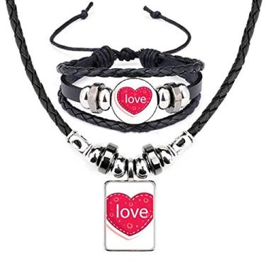 Imagem de Conjunto de joias para colar de couro com bolinhas de amor de coração rosa Dia dos Namorados