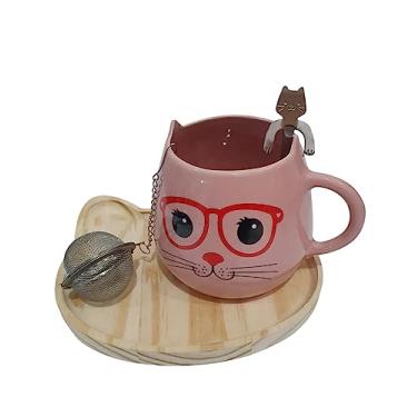 Imagem de Kit Caneca De Chá Com Infusor E Colher Patinha Gato Gatinho (Rosa)