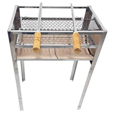 Imagem de LAURINDOS Churrasqueira De Inox Com Tijolos Refratário, Grelha, 2 Espetos Manuseio da Grelha e Assar Carne (Cabo Espeto Madeira)
