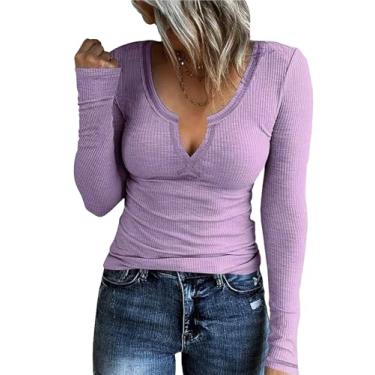 Imagem de Milumia Camisetas femininas de malha canelada com gola V franzida manga longa casual, Roxo lilás, G