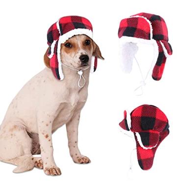 Imagem de Lopsity Chapéu de cachorro com protetores de ouvido para cães Ushanka boné de animal de estimação chapéu de trooper chapéu de inverno chapéu quente vermelho xadrez para cães pequenos, médios e grandes