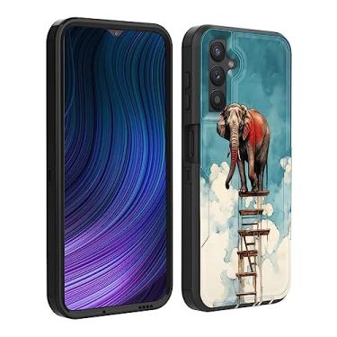 Imagem de BFUKVOU Capa para Galaxy A14 5G, camada dupla híbrida (compatível com montagem magnética), à prova de choque, proteção contra quedas e impacto, capa de telefone para Samsung Galaxy A14 5G 6,6 polegadas, elefante em escada de madeira