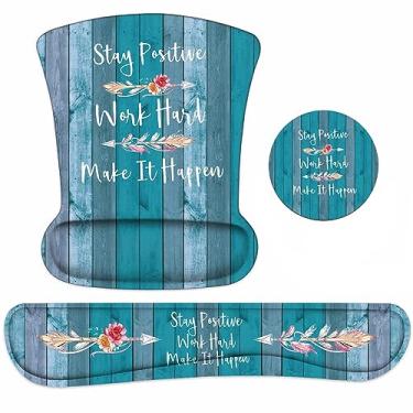 Imagem de Conjunto de descanso de pulso para teclado e mouse pad com porta-copos, mantenha o trabalho positivo e faça acontecer citação inspiradora mouse pad de pulso com base de poliuretano antiderrapante para