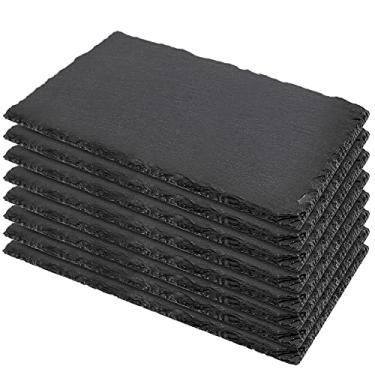 Imagem de MUKLEI 8 peças de tábuas de queijo de ardósia preta, 25 x 12 cm, bandeja de ardósia preta com borda natural, bandeja de servir pedra de ardósia para queijo, charcutaria, sushi, aperitivos