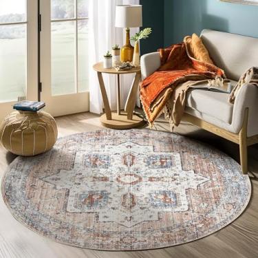 Imagem de jinchan Tapete redondo de 1,8 m – lavável na máquina 1,8 m círculo vintage floral antiderrapante com base de borracha tapete ultrafino de pelo baixo para quarto, sala de estar, sala de jantar, entrada