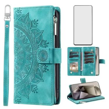 Imagem de Capa de telefone para Samsung Galaxy S24 Ultra 5G Capa carteira com protetor de tela de vidro temperado e alça de pulso Mandala flor flip zíper porta-cartões celular S24Ultra 24S S 24 24Ultra Mulheres