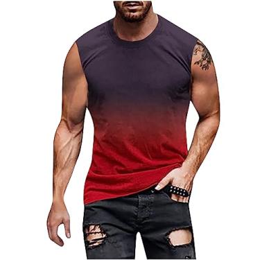 Imagem de Camisetas masculinas sem mangas, cor gradiente, casual, folgada, para treino, gola redonda, verão, leve, muscular, Vermelho, XXG