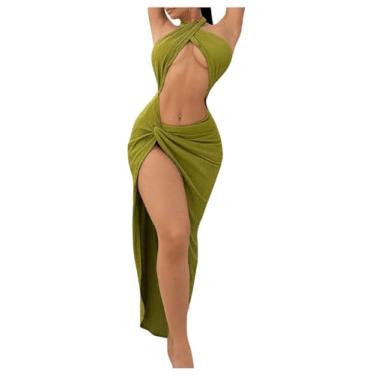 Imagem de BEAUDRM Vestido longo feminino frente torcida sem mangas amarrado frente única fenda fenda frente única vestido cami vestido sexy, Verde, P