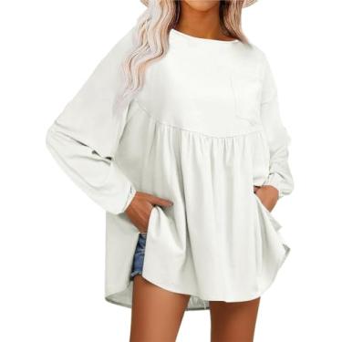 Imagem de Tankaneo Blusa feminina Babydoll Peplum de manga comprida tamanho grande túnica casual de ajuste solto, Branco, XXG