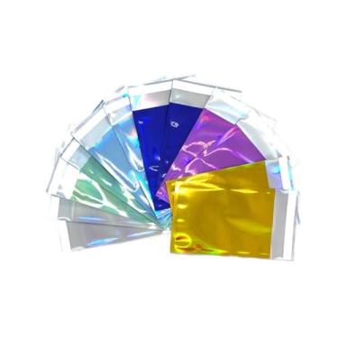 Imagem de 100 peças de envelopes coloridos de 9,98 x 15 cm de poliéster holográfico metálico de alumínio com glitter bolsa de crachá envelopes de envio autovedantes bolsas de embalagem Mylar sacos de