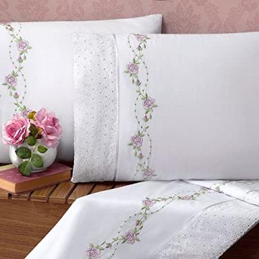 Imagem de Jogo de Lençol Bouquet Bordado Casal 100% Algodão 04 Peças - Branco