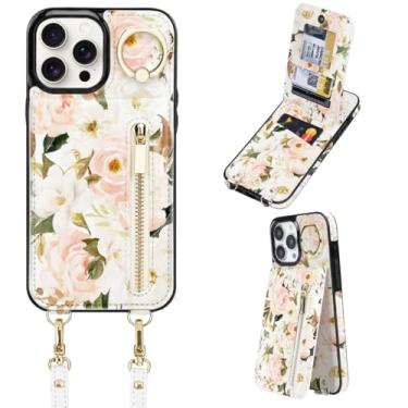 Imagem de uCOLOR Capa carteira para iPhone16 Pro Max com porta-cartões para mulheres, capa protetora de couro com zíper transversal com alça de anel de pulso protetora RFID de 6,9 polegadas (rosa rosa, iPhone