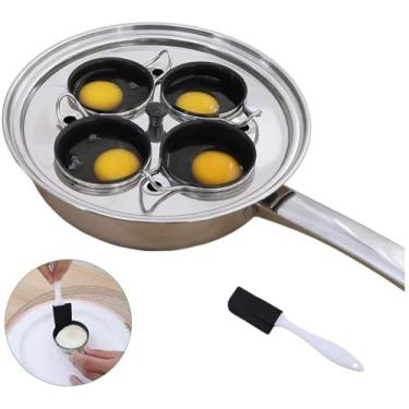 Imagem de 4 xícaras de panela para ovos pochê – Panela de aço inoxidável – Conjunto de panelas de ovo pochê de indução com 4 copos antiaderentes grandes e livres de PFOA e espátula de silicone