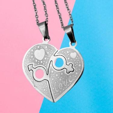 Imagem de Colar Corrente Duplo Coração 2 Metade Pingente Amizade Casal - EEA SEM