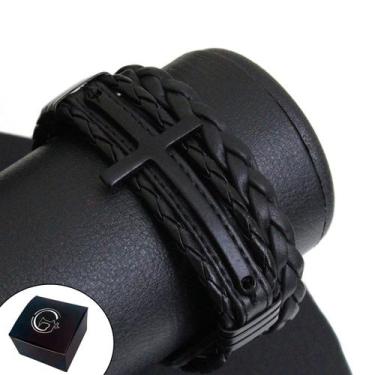 Imagem de Pulseira Ajustável Couro Masc Cruz All Black - GRANADO ACESSÓRIOS