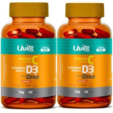 Imagem de 2x Vitamina C 1000mg + D3 2000ui + Zinco 29,59mg 60 Cáps - Uvits