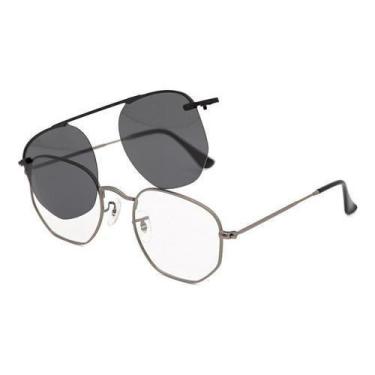 Imagem de Armação Óculos Grau Masculino 2 Em 1 Hexagonal Preto - Shark Óculos